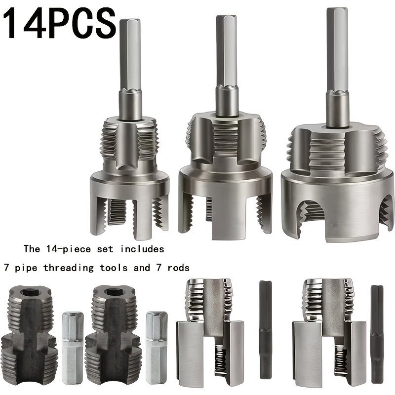 TEMU 14pcs Heavy-duty Pipe Threading Tool Set/ Integrated Internal And External Pipe Threading Tool - 1/2', 3/4', 1'+4 Integrated Internal/external