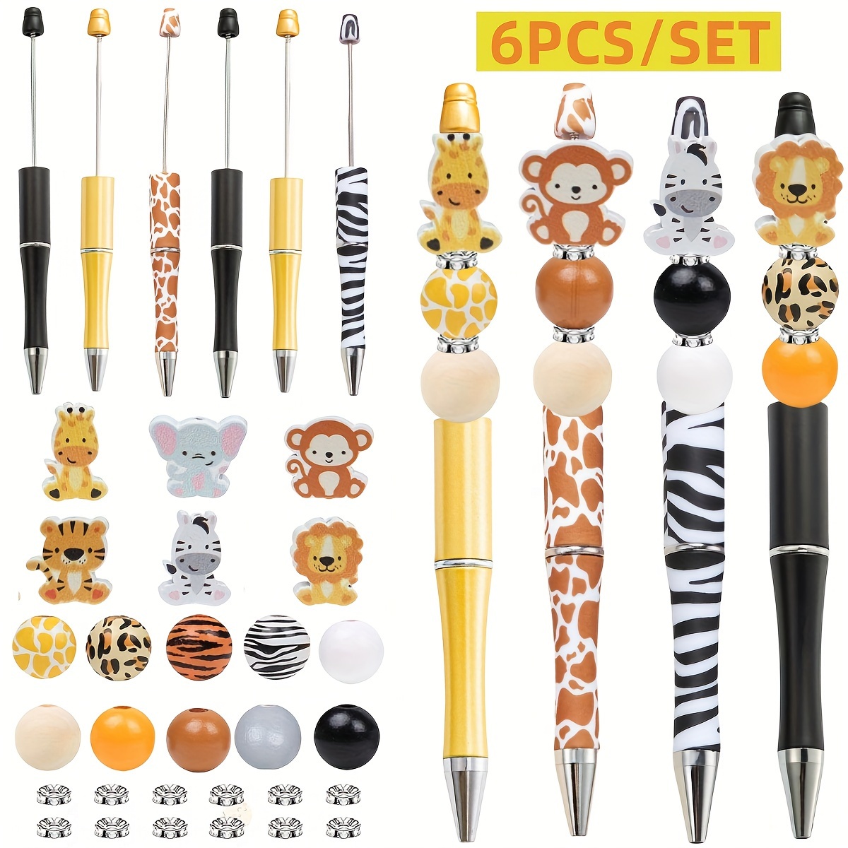 

6-piece Animal-themed Diy Ballpoint Pens With Twist Closure - Fine Point, Creative Beaded Design For Office Use