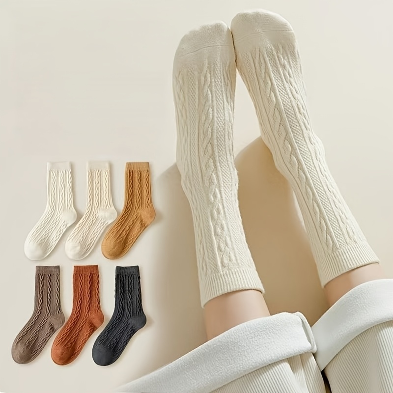 TEMU 6 Pairs Twisted Solid Warm Tone Crew Socks, Comfortable Versatile Sweet Socks For