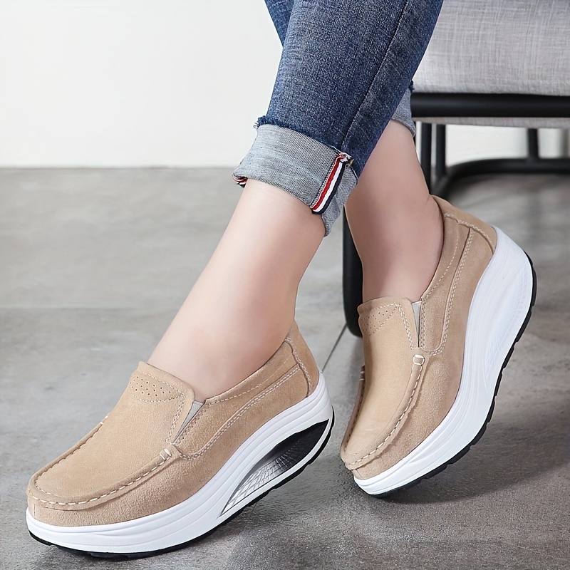 

Women's Solid Color Platform Shoes, Casual Slip-on Walking Loafers, Comfortable Air Cushion Wedge Sneakers