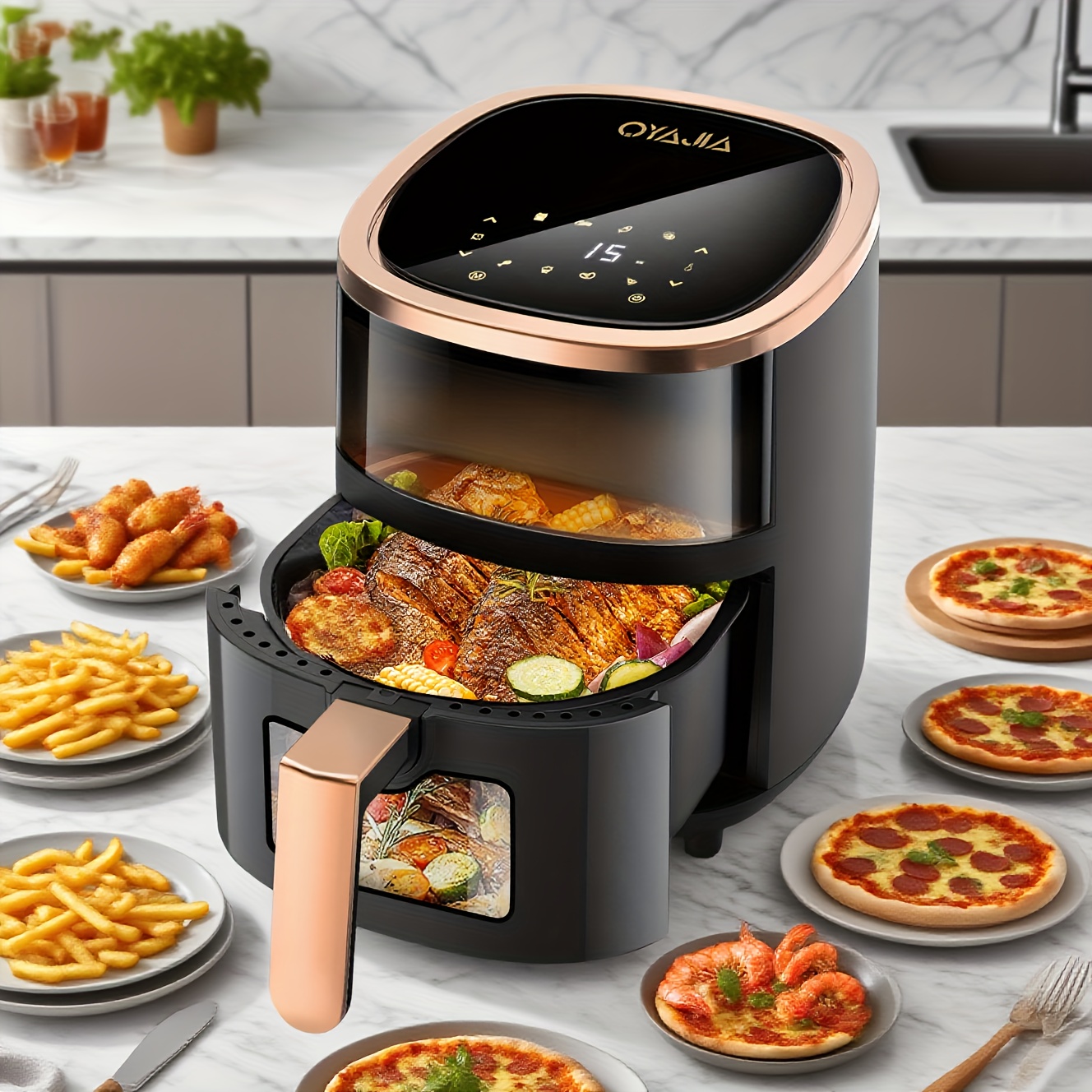 Friteuză cu aer cald 5.2L | 8-1 Moduri de gătit predefinite | Fereastre de vizualizare ușoară pentru cele mai bune rezultate de gătit | Gătește creveți, friptură, cartofi prăjiți, aripioare, pui și multe altele | Control precis al temperaturii și timpului | Negru, Crem