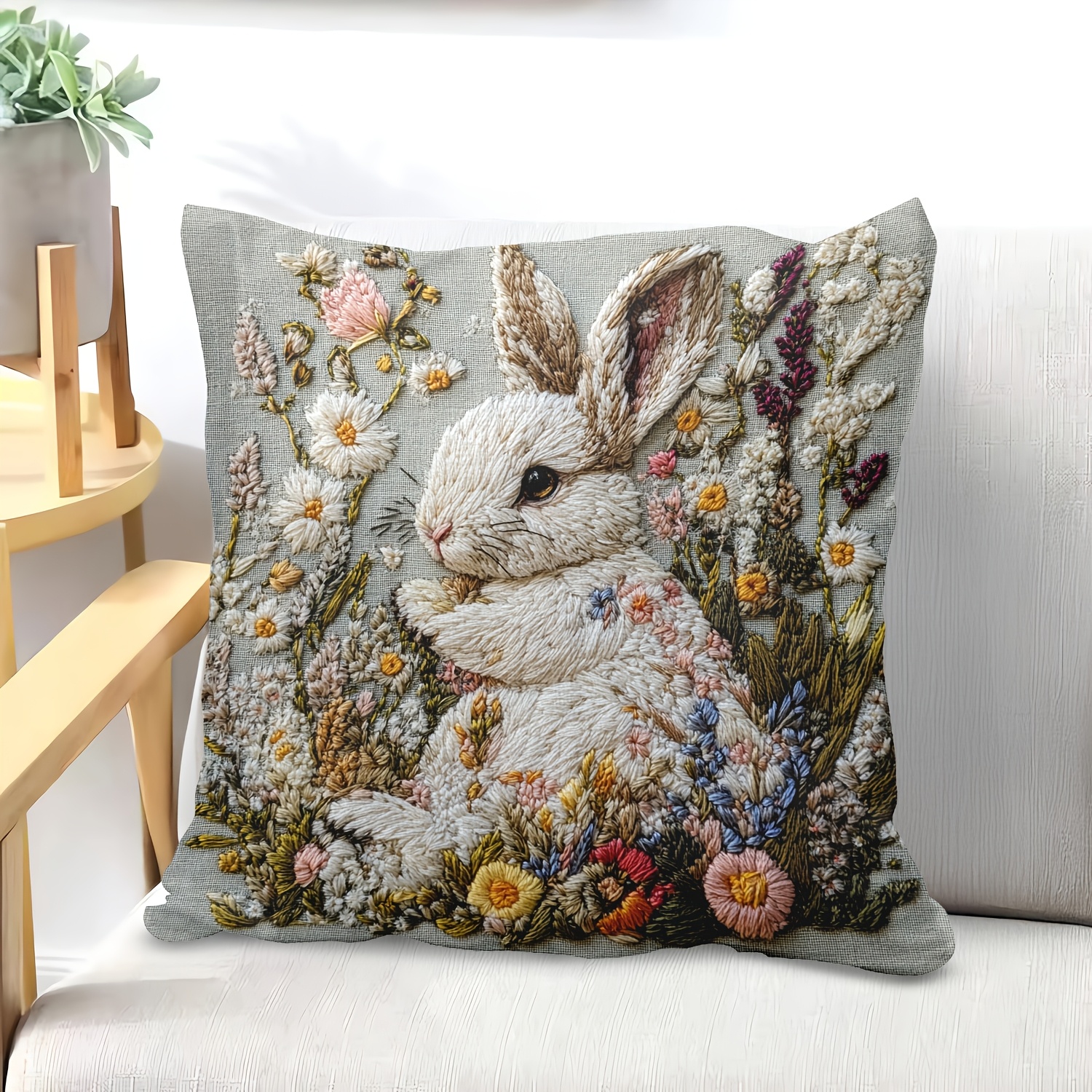 

1pc Contemporary Rabbit & Floral Embroidered Pillow Cover, 18x18in, 100% Polyester, Machine Washable, Zipper Closure, Decorative For Sofa, Bed, Car, All Room Types - Hwc12090323