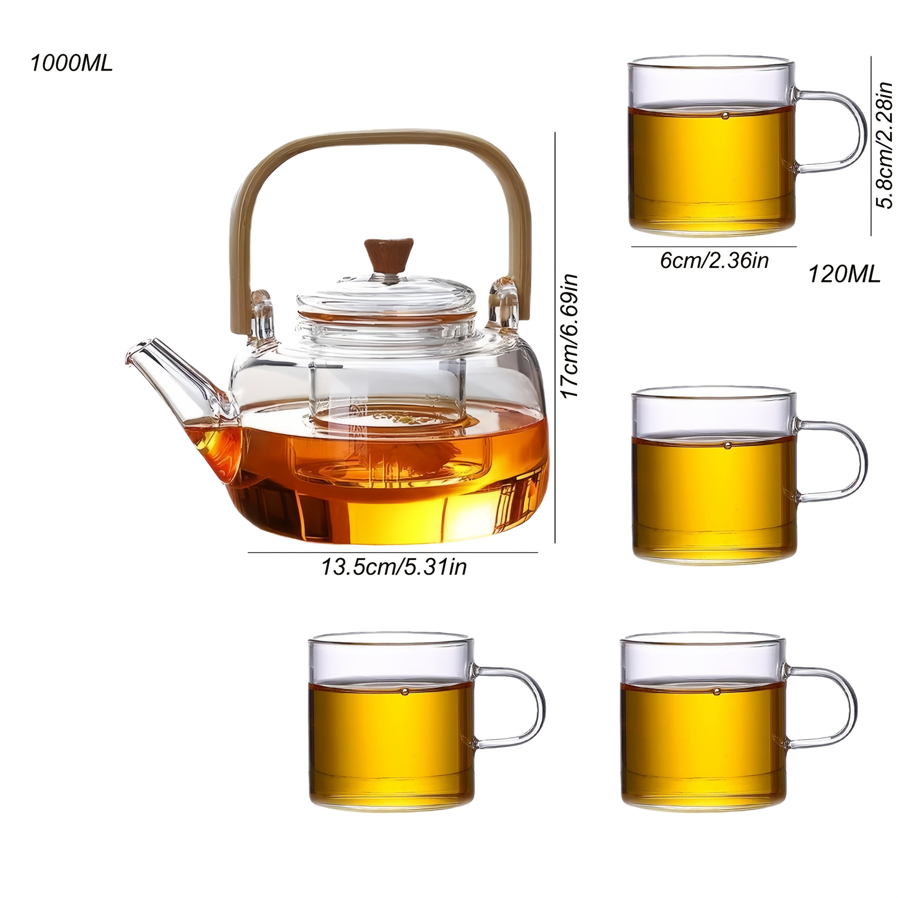 1 Tetera + Juego de 4 Tazas, Juego de Té, Vajilla para Mesa, Hecho de Vidrio de Borosilicato de Alta Resistencia - Resistente al Frío y al Calor, Apto para Placas de Inducción, Ideal para Hogar, Restaurante, Cafetería y Más