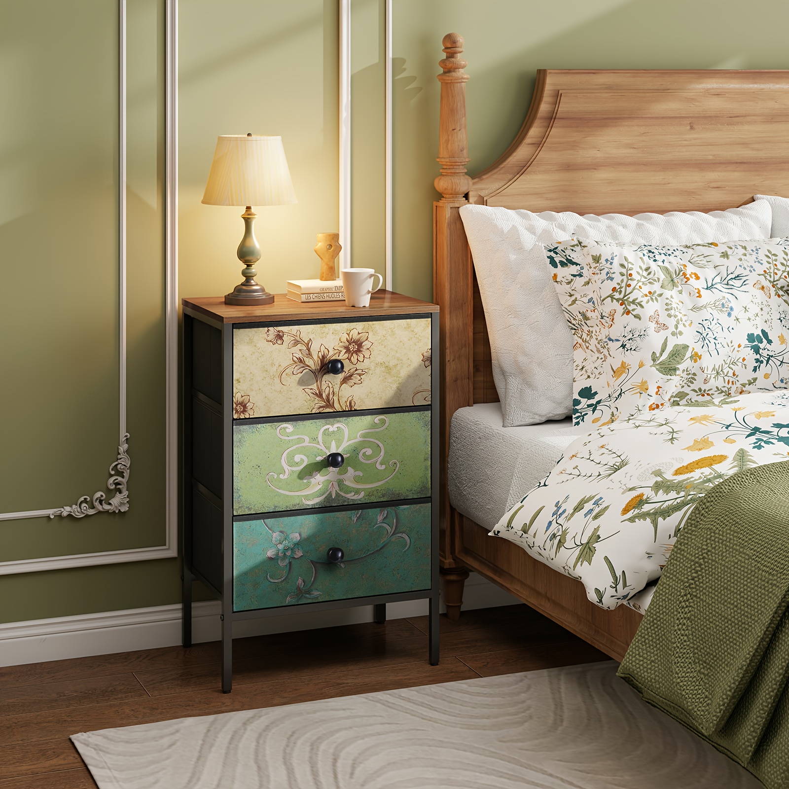 Nightstand Set of 2, Night Stand with Fabric Drawer, Mesh Shelf, Side Table with Storage, Fabric Drawer Dresser, Open Shelf, Metal Frame, Bedroom