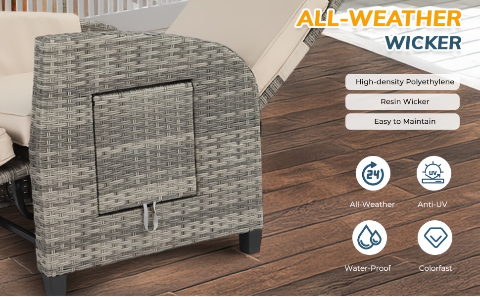 Outdoor Patio Recliner Chair, Independent Adjustable Backrest Up To Lay Flat & Extended Footrest, Flip-Up Side Table, Removable Cushion, All-Weather Wicker, Aluminum Metal Frame For Porch Balcony Garden Poolside