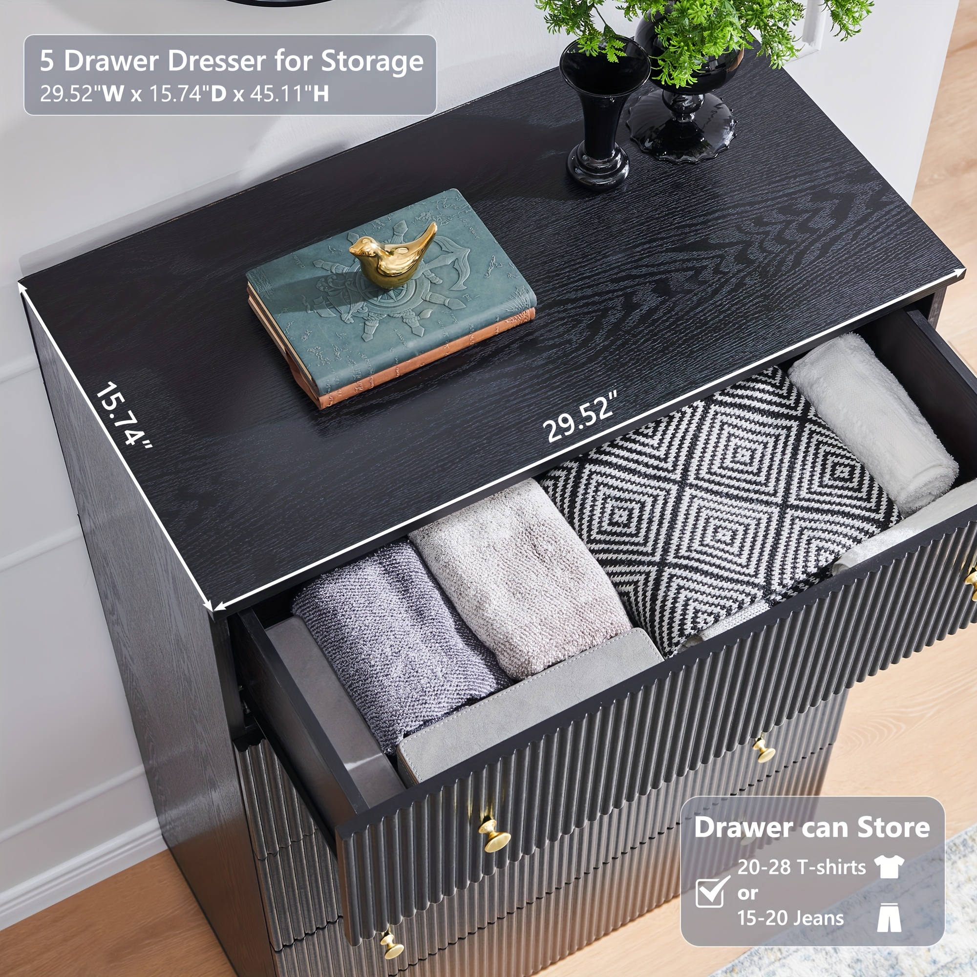 fluted dresser bedroom black 5 drawer dressers wood tall - Temu