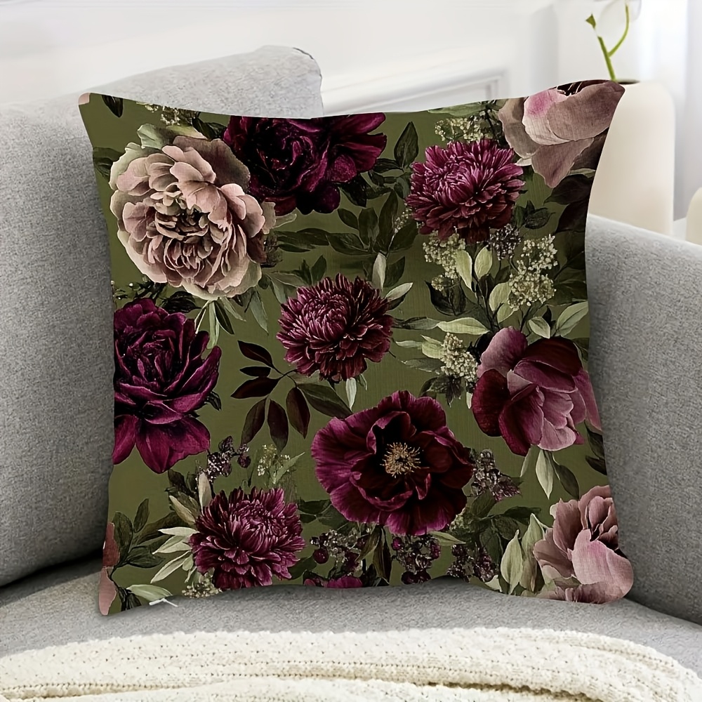 TEMU 1pc 18x18 Inch Short Plush Reversible Printed Pillowcase - Deep Burgundy And Peony Floral Pattern, Home Decor, Zipper Closure, Machine Washable,
