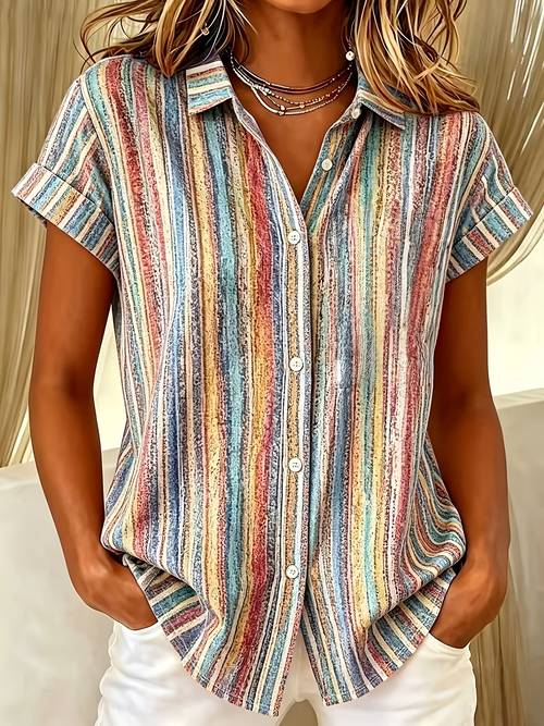 womens summer vintage multicolor striped short sleeve button up shirt loose casual lapel all match top for daily outing