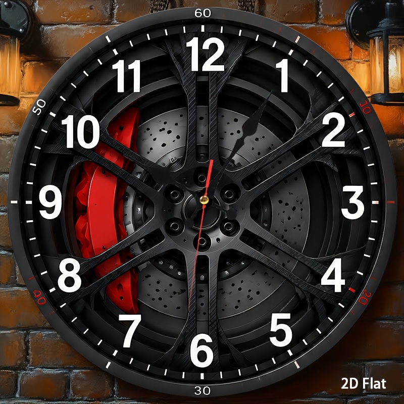 TEMU 1 Black Car Wheel With Red Brake Caliper Wall Clock - Silent Non-ticking Wooden Round Clock, Suitable For Garage, For Man Cave, Game Room Decor,