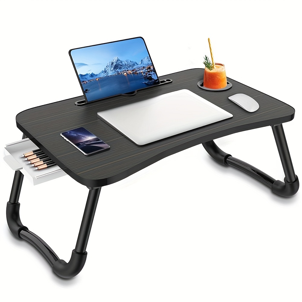 超大便携式笔记型电脑桌，附杯架和抽屉 - 多功能托盘架，适用于床、沙发、地板 - 坚固、耐用、可折叠设计 详情 2