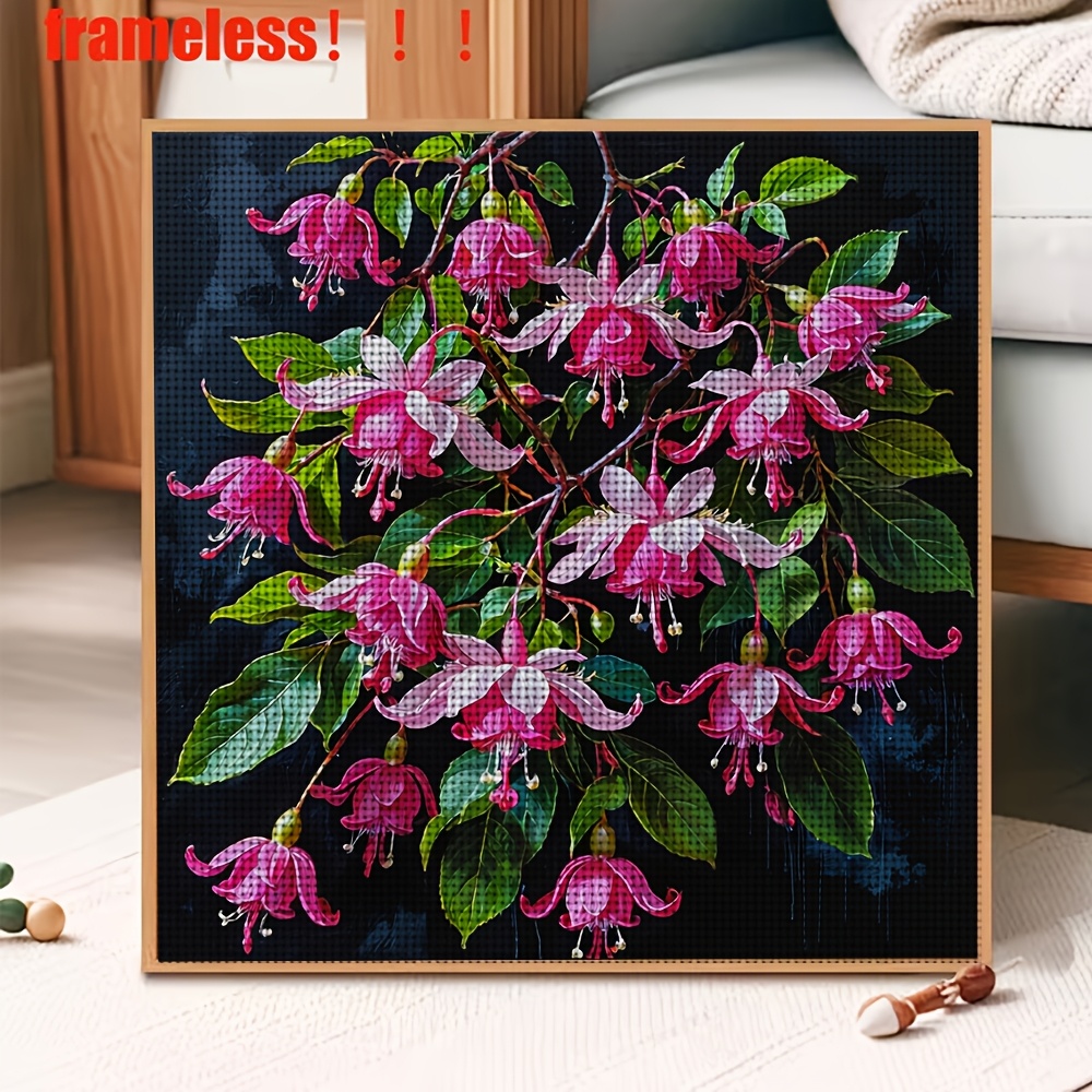 DIY Cross-Stitch Printed Kit, Frameless, Black Background with Flowers