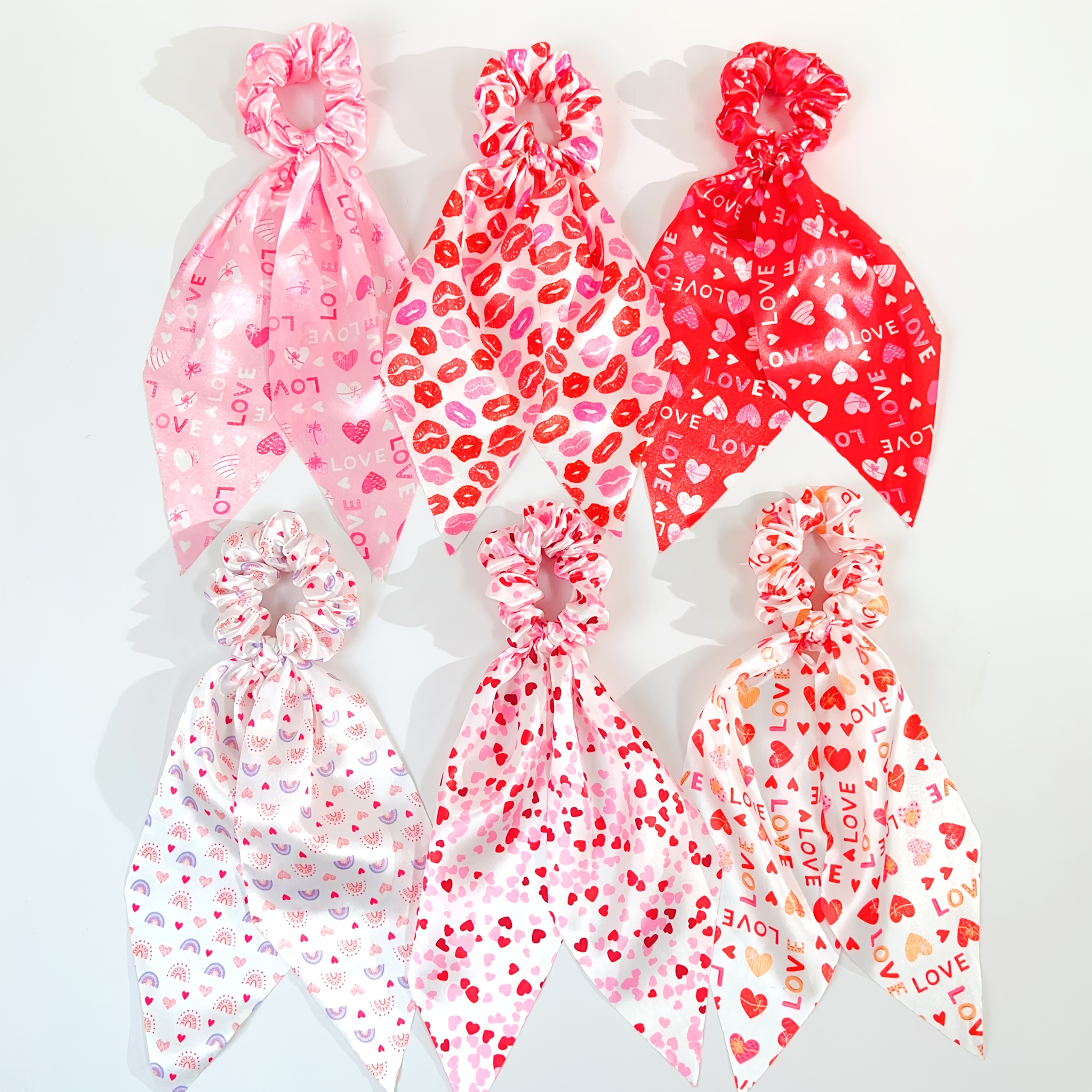 

6pcs Valentine's Tie Set - Elegant Style & Print, High Scrunchies For Ponytails And Updos, Perfect Gift For Her, Heart Print, Ribbon, Accessories