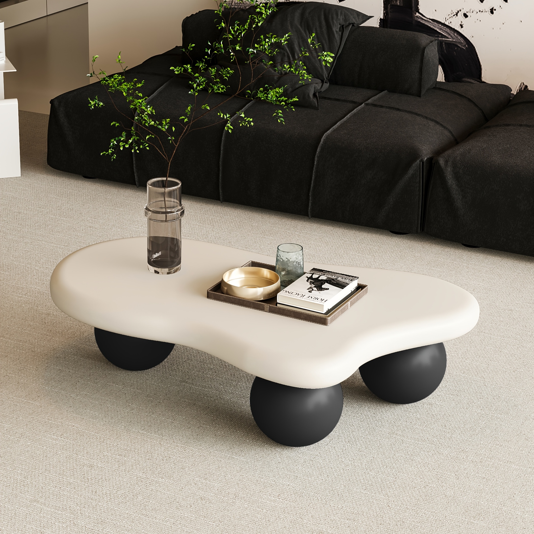 40 Inch Cloud Shaped Coffee Table with 3 Ball Legs Modern Irregular Accent Table White Top Black Legs Sturdy MDF Construction Smooth Curved Corners Child Pet Friendly Easy Assembly Spacious Surface for Living Room Bedroom Apartment Home