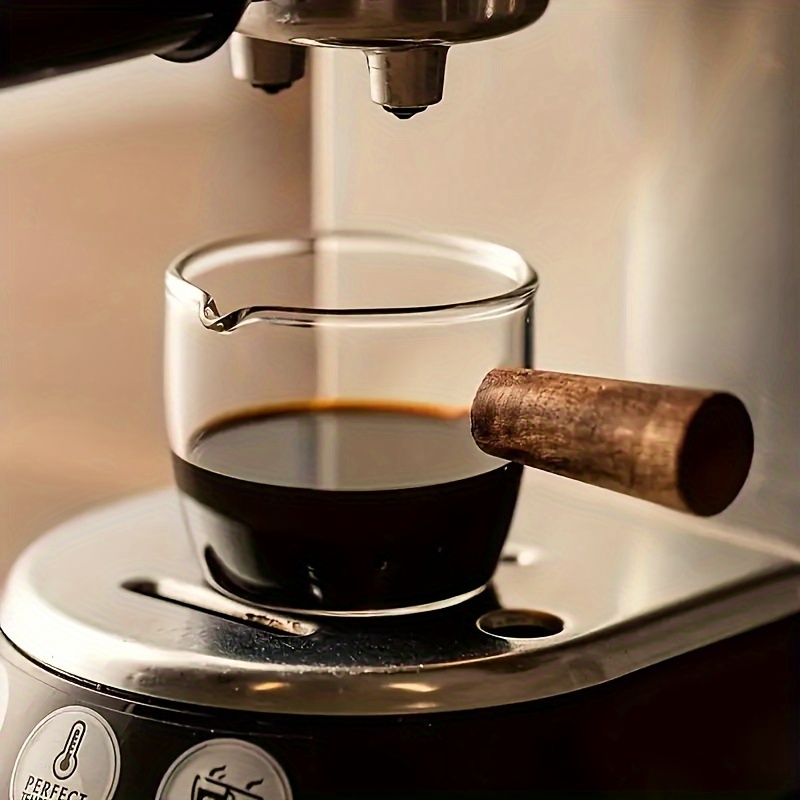 

Pot à espresso en verre avec poignée en bois - Tasse à café transparente pour lait chaud et espresso