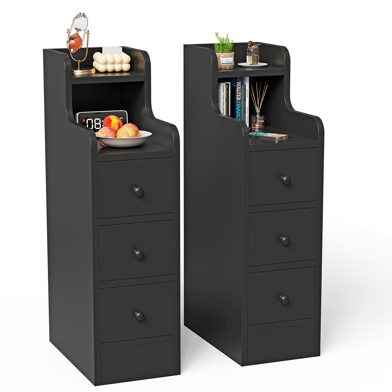 TEMU Set Of 2 Black Small Nightstand, 20cm Wide Bedside Furniture Slim End Table Storage Cabinet With Sliding Drawer And Open Compartment, Slim Side