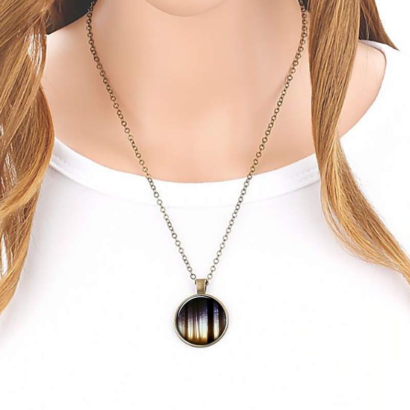 Classic Brown Metal Chain Necklace with Forest Scene Mirror