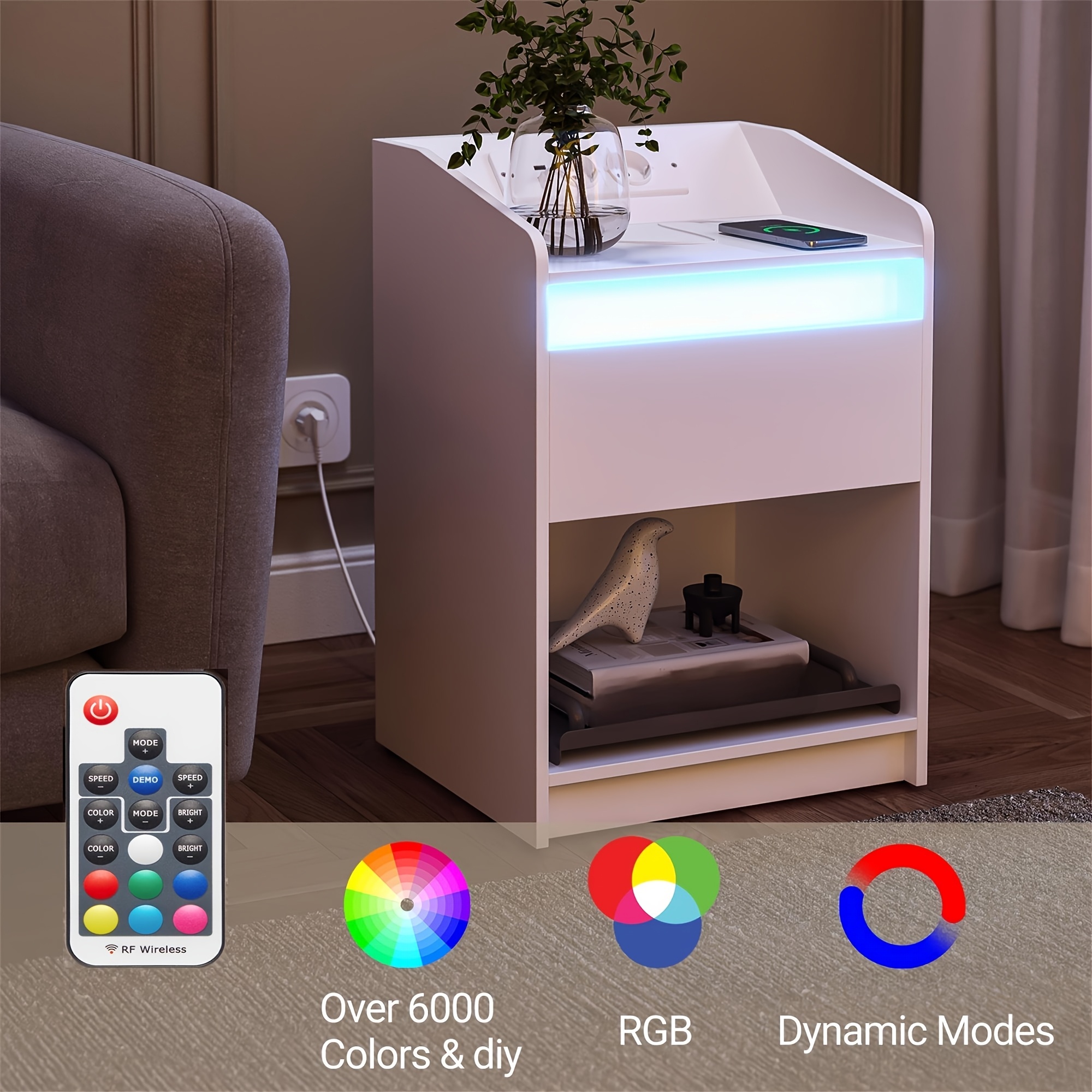 Comodino Con Luci LED E Stazione Di Ricarica - 2 Strisce LED RGB, Porte USB E USB-C, Cassetto, Ripiano Aperto, Bianco, Per Camera Da Letto