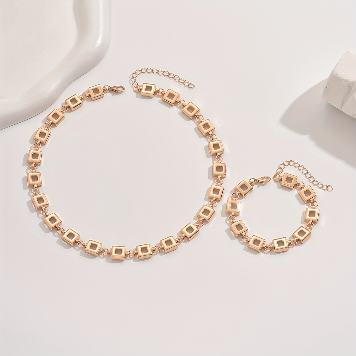 Boho Square Link Chain Necklace & Bracelet Set for Women