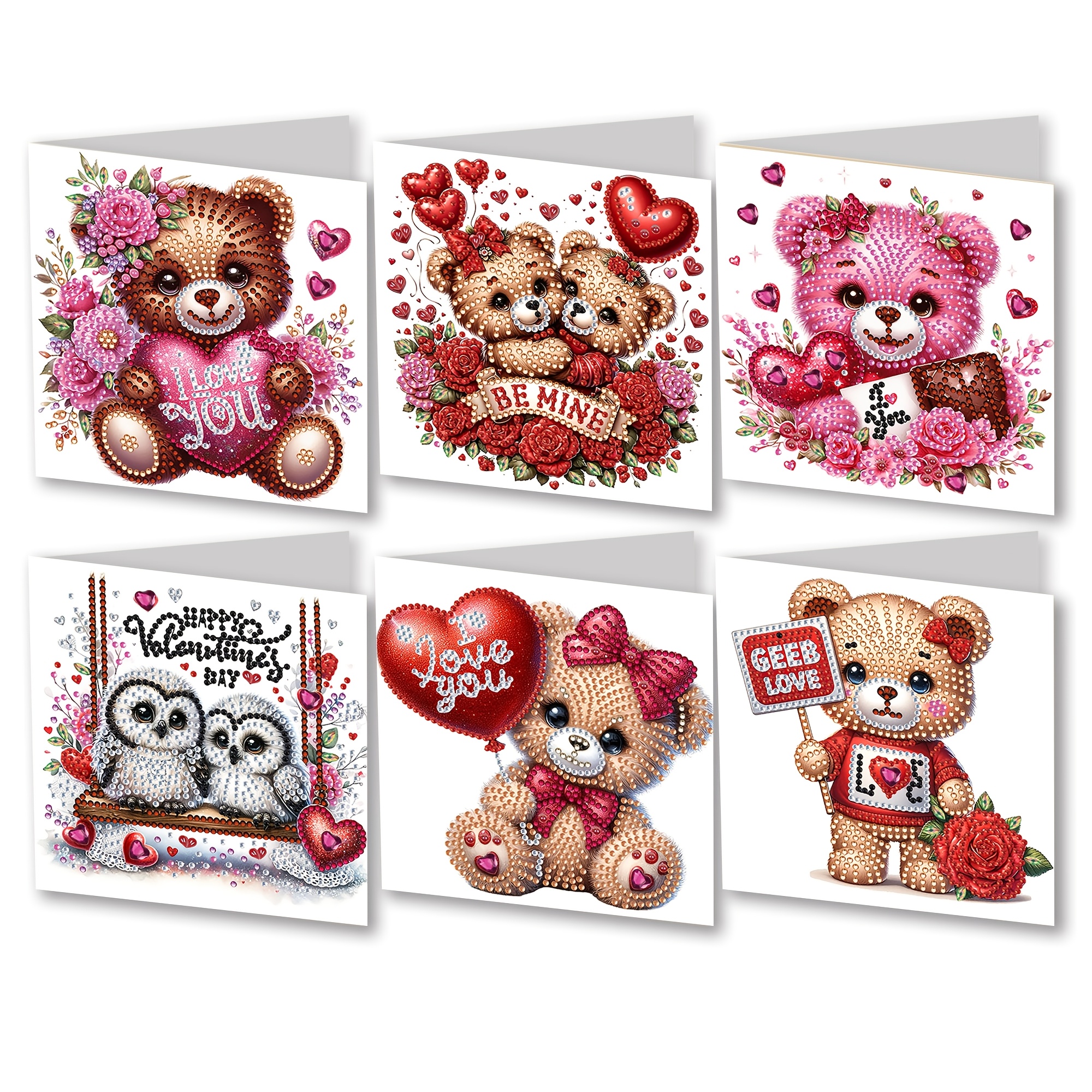 

6pcs Cartoon Bear Diy Diamond Painting Greeting Card Set With 6 White Envelopes, Irregular Shape, Cardboard Material