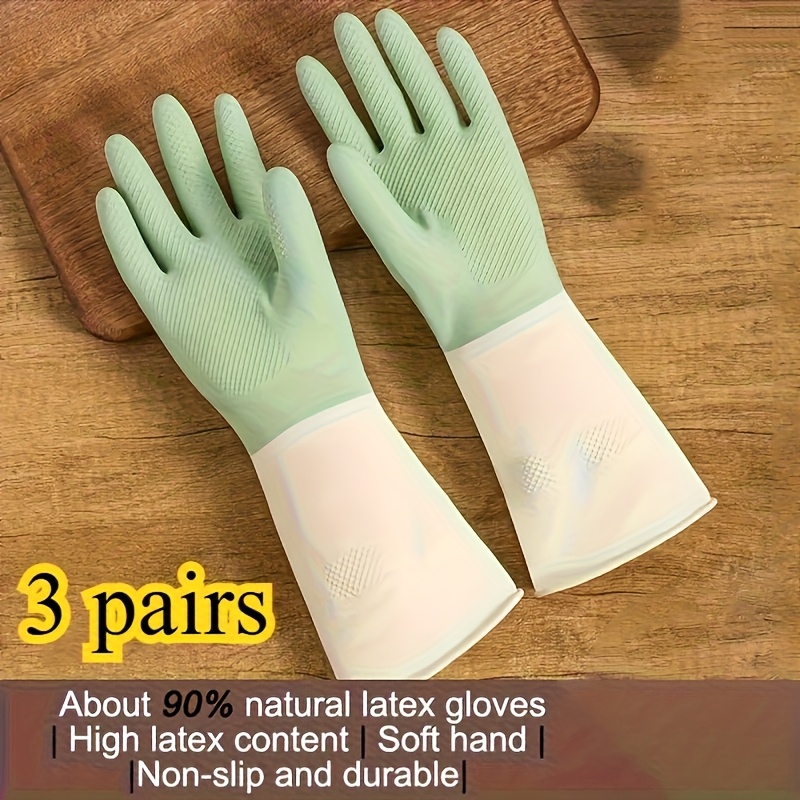 3 pairs of thick kitchen gloves beige and mint green with non   for dishwashing cleaning and household chores the material is ideal for kitchens bathrooms and living areas cleaning gloves ergonomic gloves durable gloves