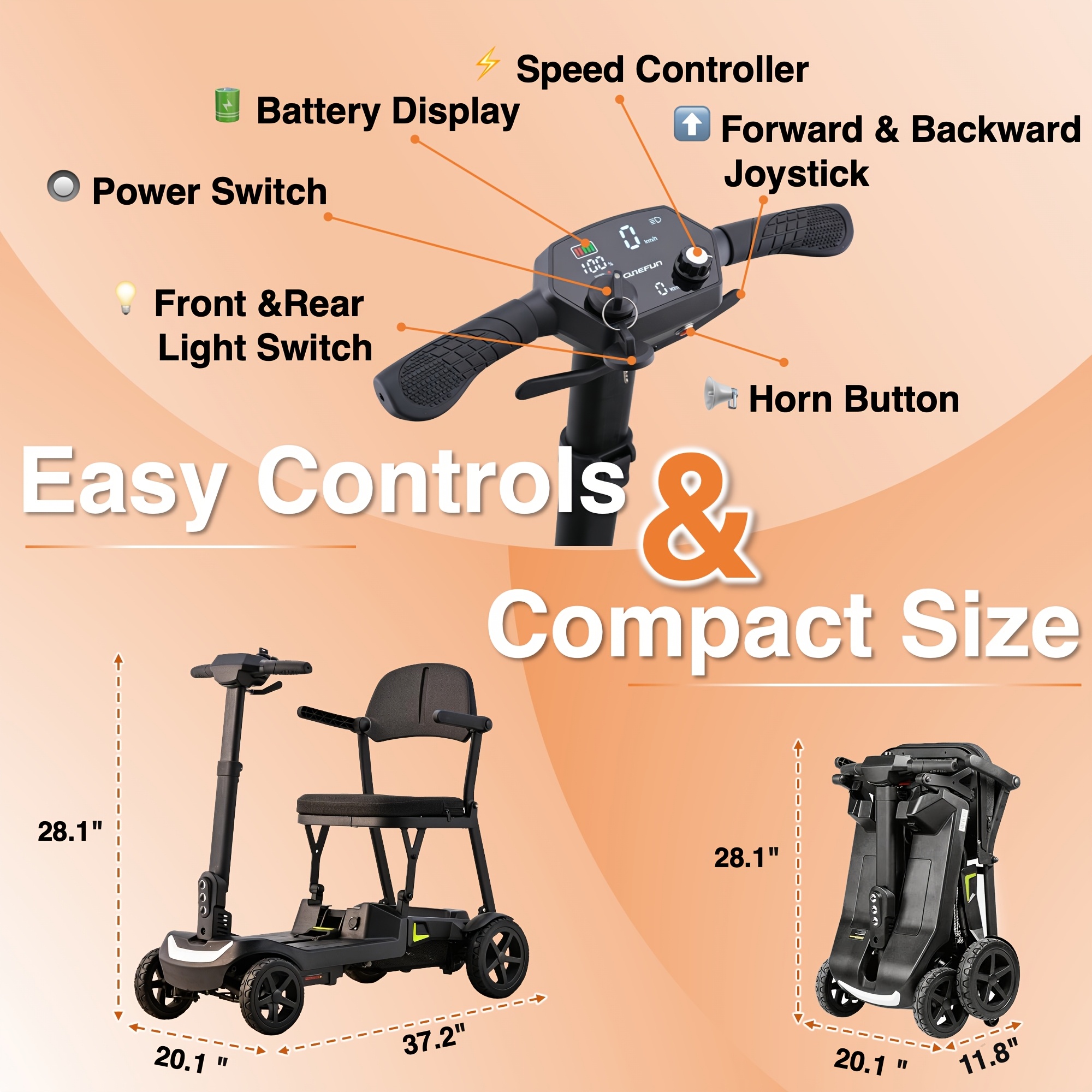 a lightweight foldable four wheeled electric mobility scooter suitable for seniors and adults   with dual removable batteries meeting air travel   offering a long range and a   of 5 mph Product details 2