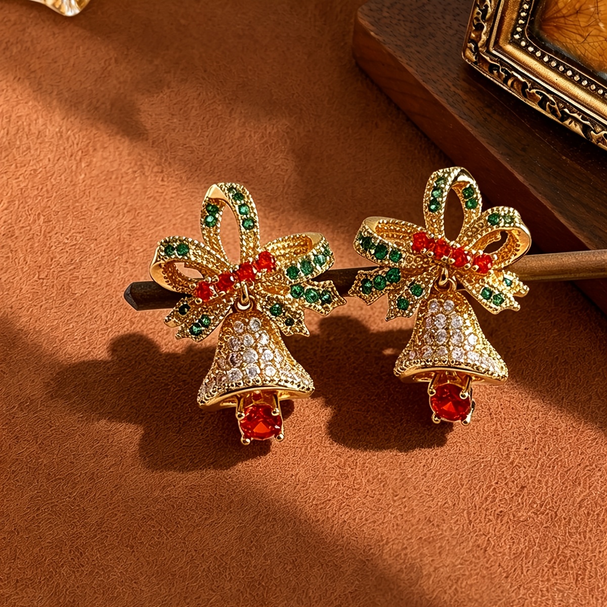 TEMU A Pair Of Exquisite Christmas Bell Drop Earrings Set With Synthetic Synthetic Zirconia, Featuring Luxury Bow And . Suitable For Daily Wear Or