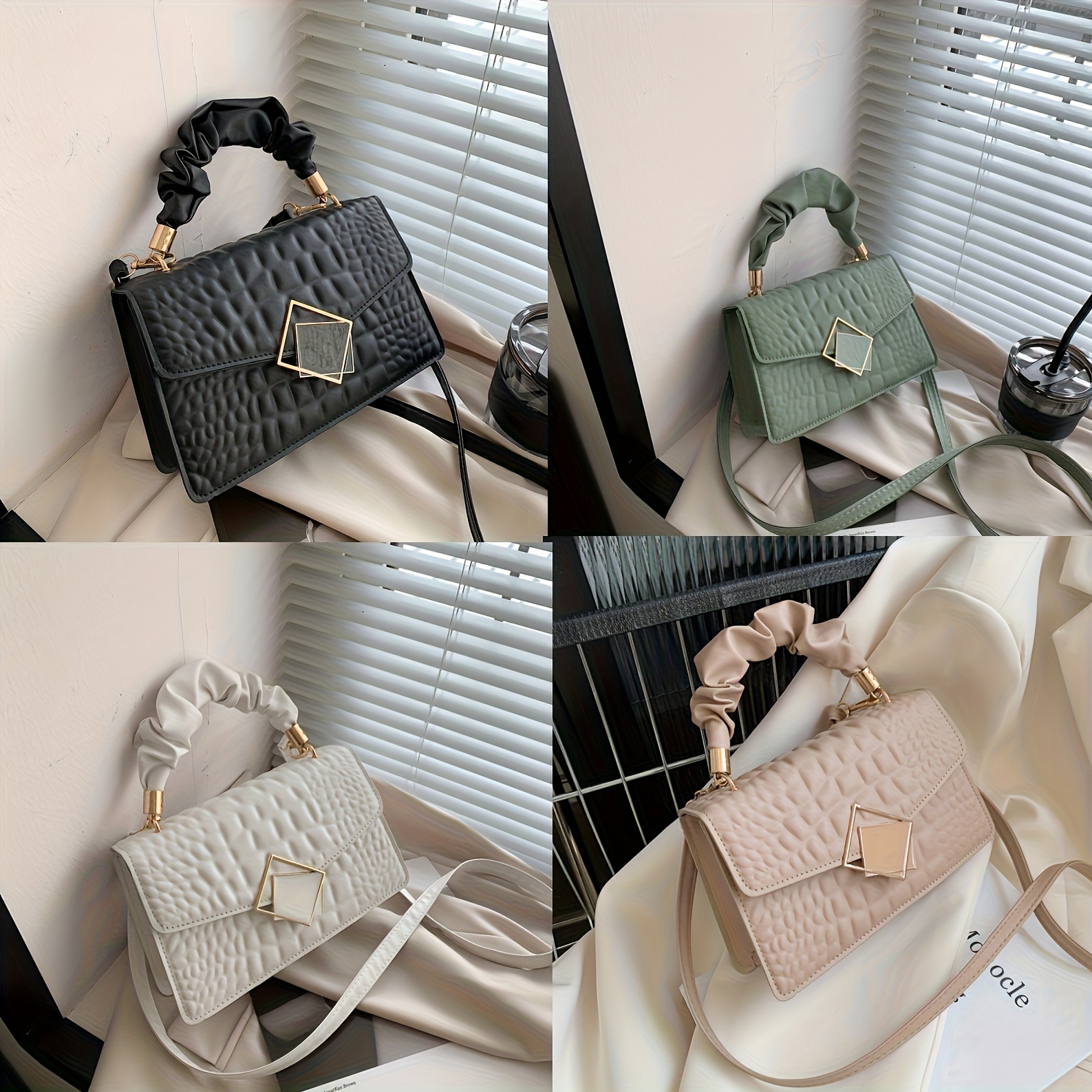 

Minimalist, Chic Crocodile-embossed Women's Shoulder Bag With Pleated Handle - Magnetic Closure, Leather Crossbody Purse In White
