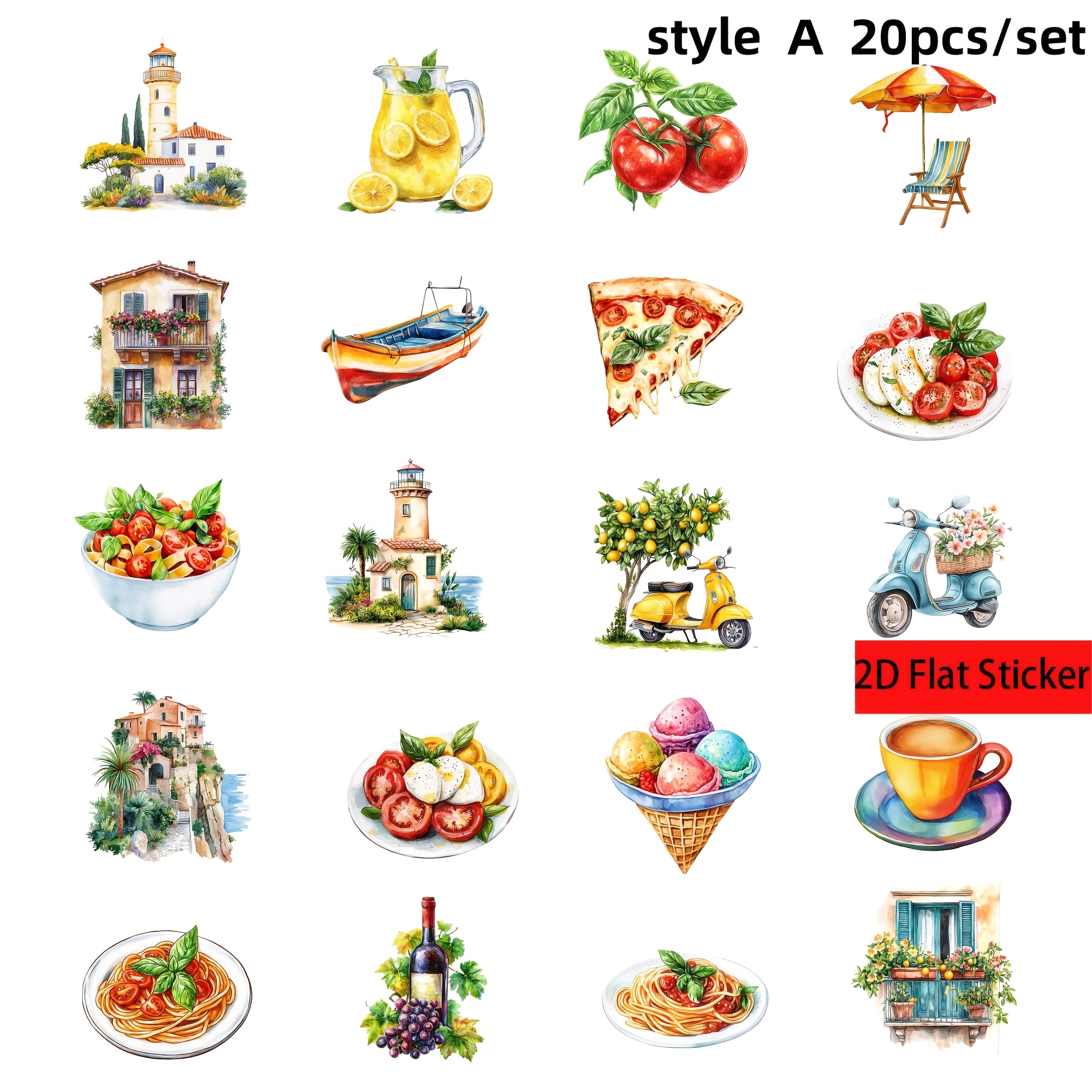 20pcs/set Vintage Italian Scenery, Architecture, And Food Series Handmade Stickers, 2d Flat Decoration, 2d Flat