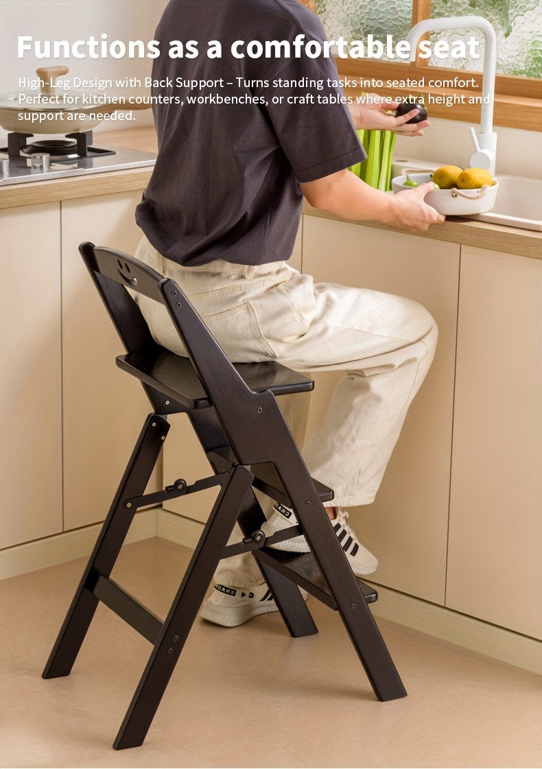 1pc Black All-Bamboo Bar Stool, Bar Counter Dining High Stool with Backrest, Folding Chair, No Assembly Required, Patio Outdoor Garden Step Stool, Household Three-Step Step Stool, Climbing Ladder, Suitable for Garden/Office/Library/Kitchen/Cafe