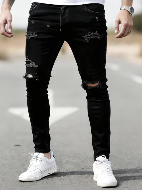 jeans negros rasgados de moda casual para hombre, jeans ajustados y cómodos de estiramiento para