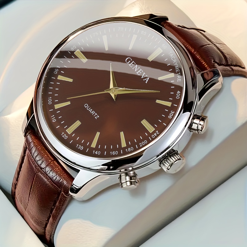 

Men's Fashionable Quartz Watch With Brown Leather Strap Elegant Dial Business Casual Accessory