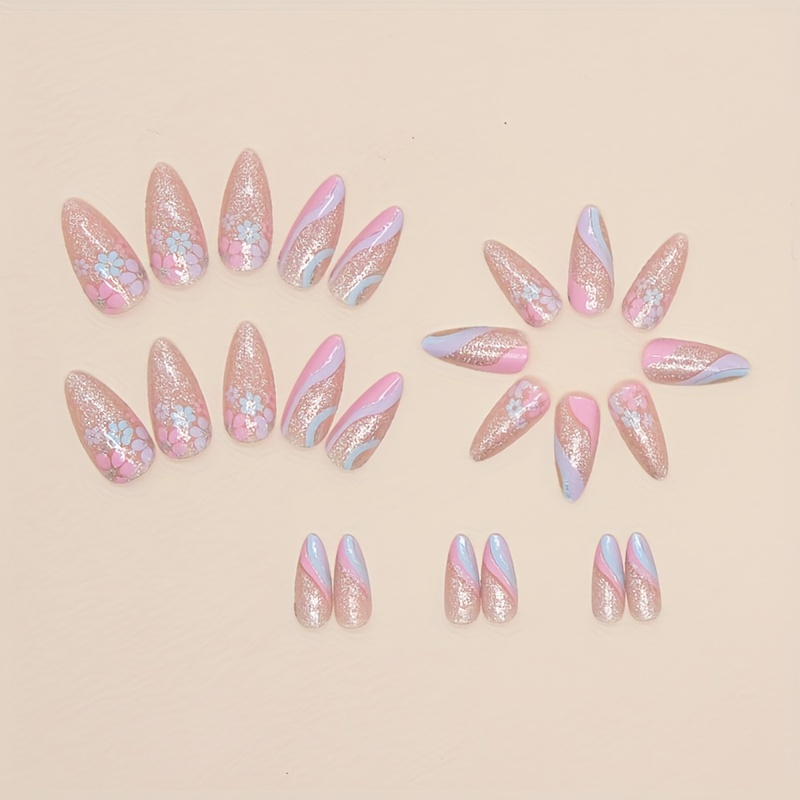 24pcs box summer sparkling false nails striped fake nails medium almond shape floral press on nails details 1