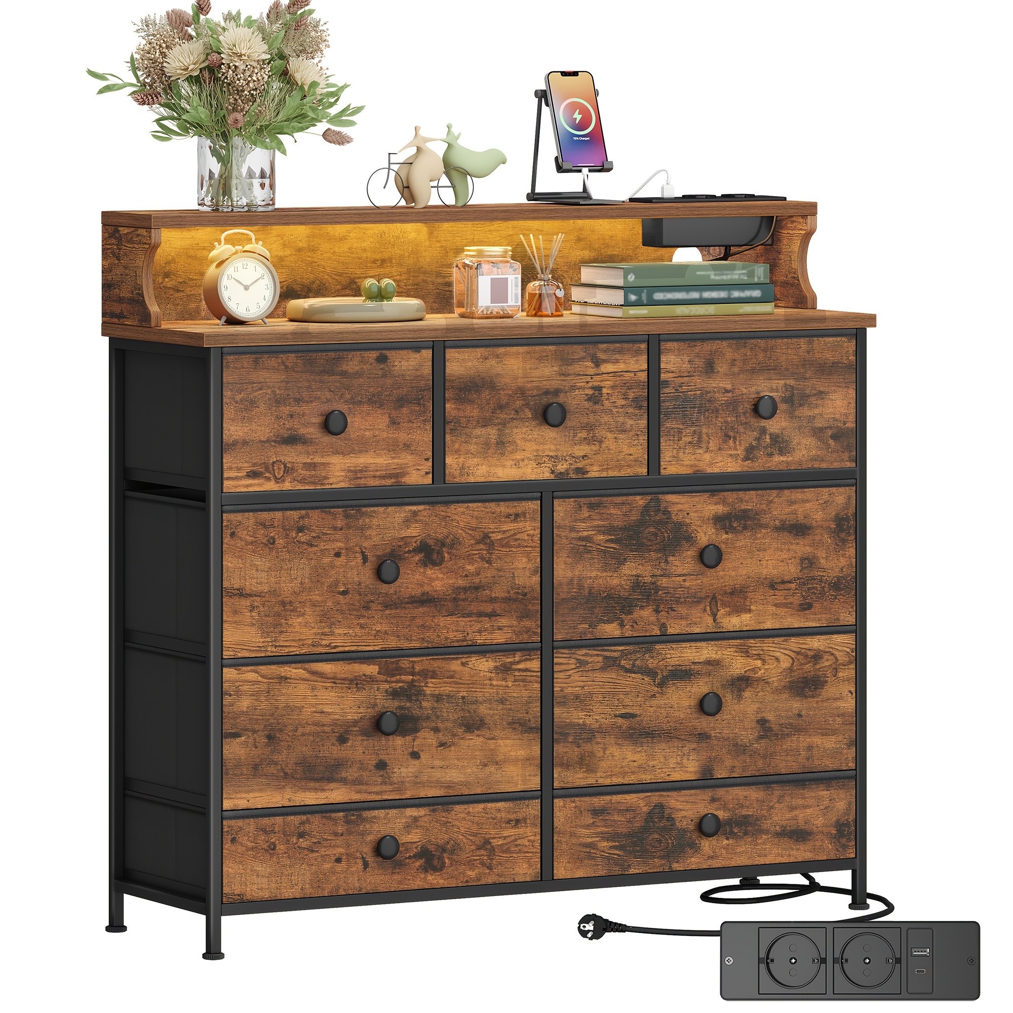 Image of 100 Cm Chest Of Drawers, 2 Usb And 2 Ac Ports, 9-drawer Dresser, Led Light Strip, Versatile Storage Furniture For Living Room And Bedroom, 30 X 100 X 95 Cm