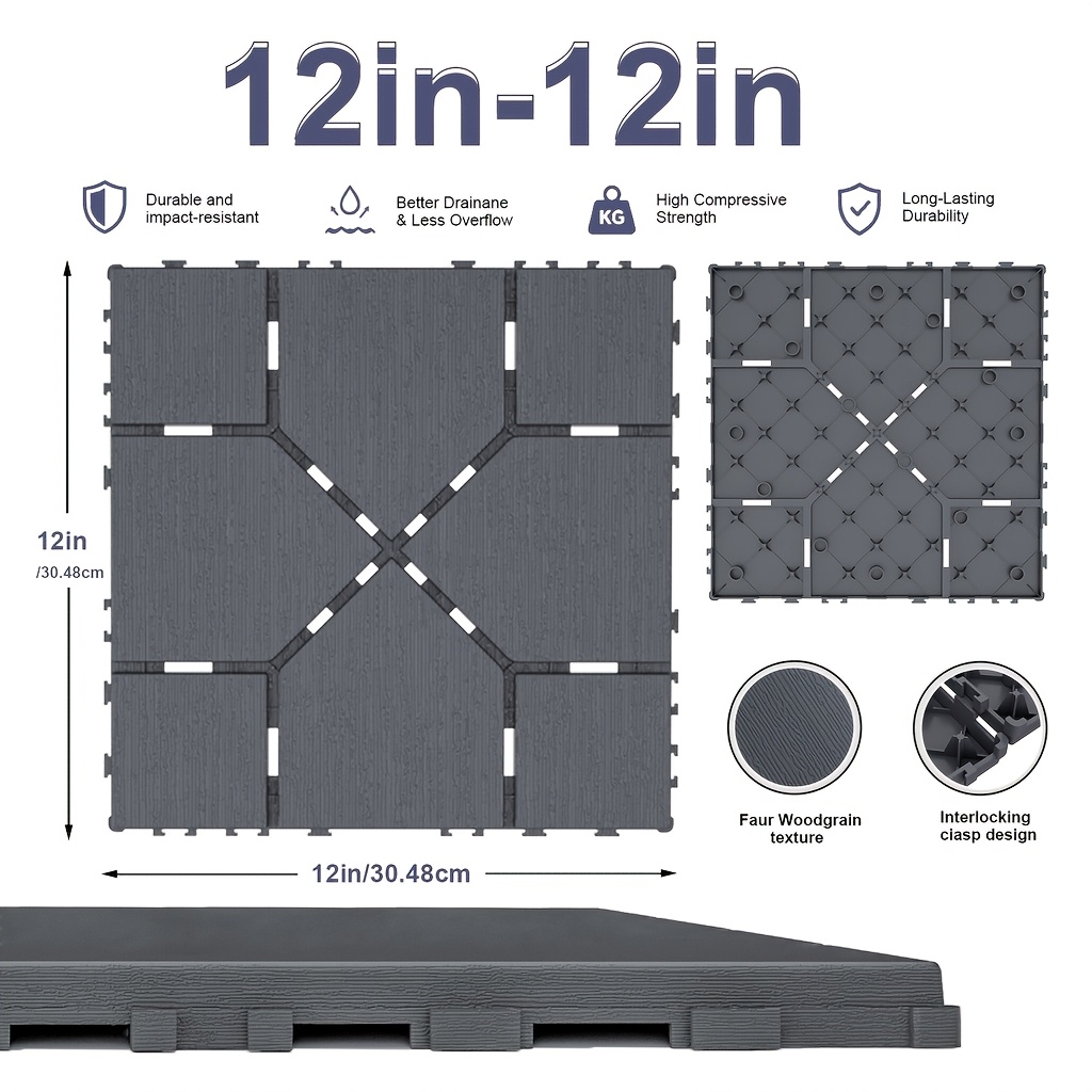 TEMU Drsaec 43-pack Interlocking Garage Floor Tiles - 12" X 12" Heavy-duty Decking - High Strength Non-slip Pavers For Garage, Workshop, Patio, And