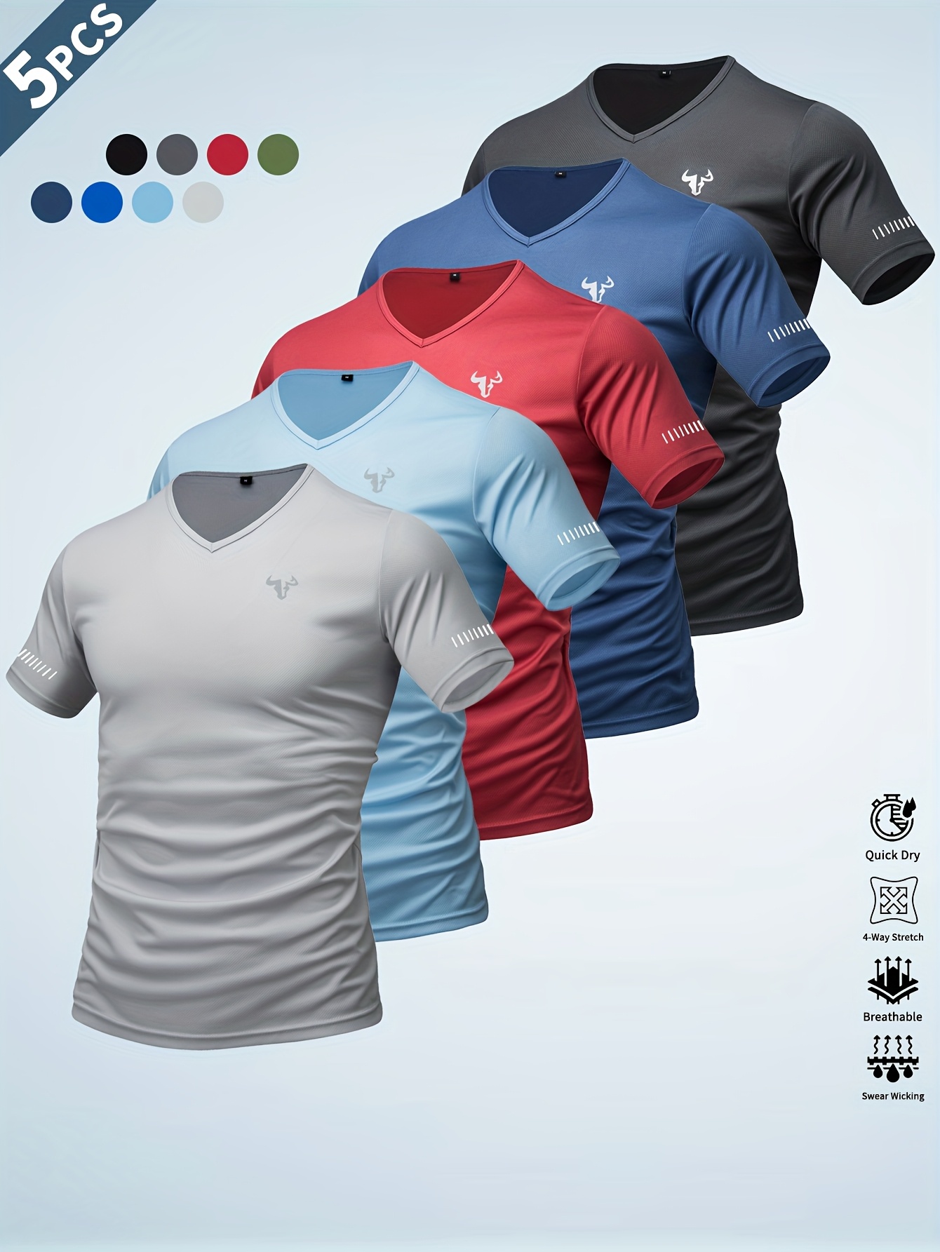 5pcs mens v neck sports t shirts with reflective stripes   print breathable polyester knit cool quick dry soft comfortable activewear for gym running cycling fishing basketball home fitness casual short sleeve tees moisture wicking fitness garments gym wear stylish casualwear breathable knit shir
