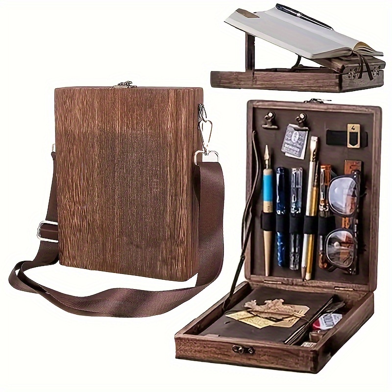 

Étui de transport d'épaule en bois fait main - Organisateur de rangement portable pour artiste avec compartiments pour fournitures artistiques, pinceaux et accessoires