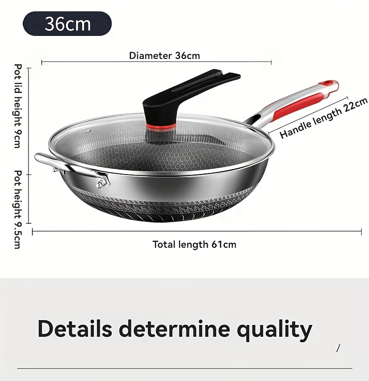 1pc honeycomb non stick stainless steel wok with glass lid 316 full screen anti scratch vertical pot cover dual anti stick shovels scratch resistant kitchen cooking tool for gas induction cookers details 19