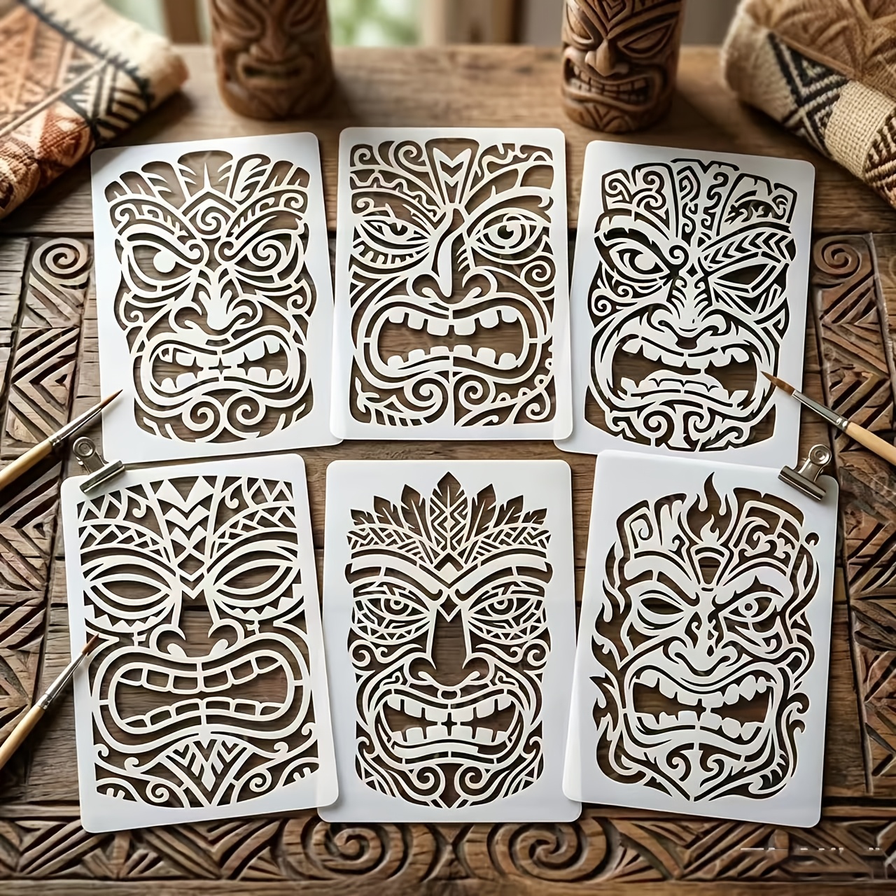 TEMU Set di 6 stencil riutilizzabili Tiki Totem Face, ideali per creare design di maschere hawaiane. stencil misura 6X4 pollici (15X10 cm) ed 癡 per