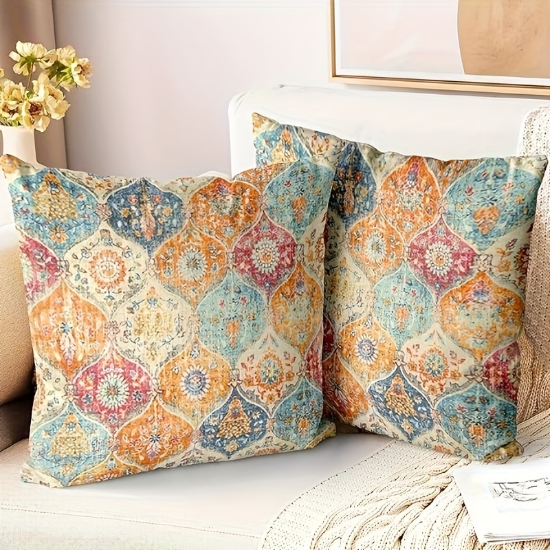 

Bohemian Style Throw Pillow Covers 2pcs Set, Hypoallergenic Geometric Pattern, Woven Polyester Zippered 18x18 Inch Cushion Cases For Sofa And Bedroom, Machine Washable Decorative Pillow Shams