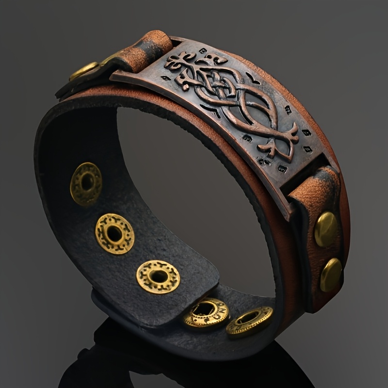 TEMU 1 Bracelet en cuir de couleur cuivrée vintage à motif floral, adapté à un port pour homme