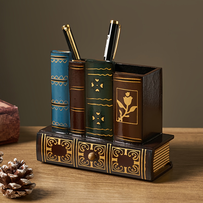 Image of Vintage Wood Pen Holder & Desk Organizer - Portable Embedded Storage Box With Painted, Writing Instrument Holder For Home Office,, Or Gift - Compatible With Pens, Pencils, Markers (no