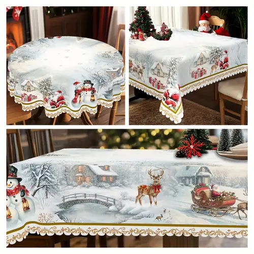 halloween chrismas 1pc christmas tablecloth winter scene with santa elk snowflakes red golden holiday decorations durable polyester fabric fits rectangle round tables easy table cover for xmas new years family festive table decorations seasonal home decor machinemade quality wrinkleresistant material seasonal tablecloth home