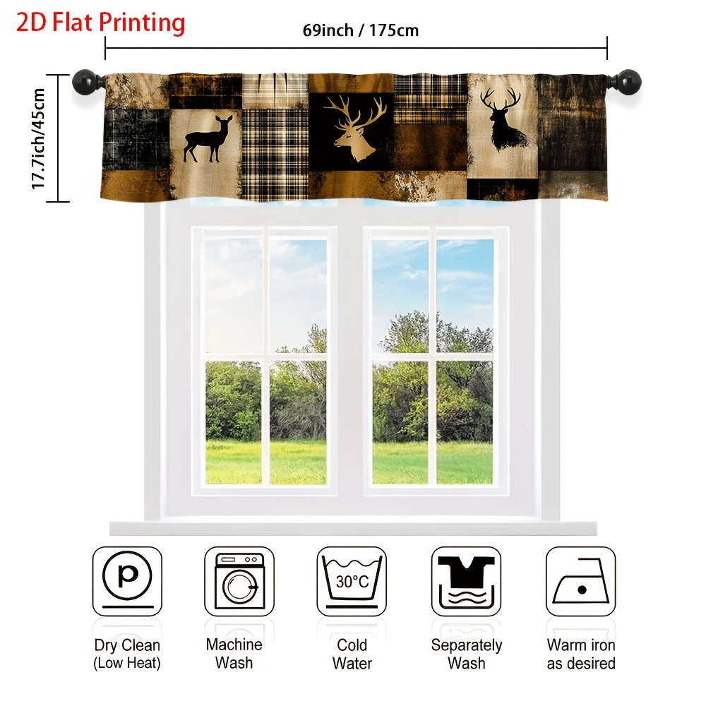 TEMU 2d Flat - 2d Flat - 1pc Of Rustic Deer Plaid Valance Curtain With A 2d Flat Print And Rod , , Suitable For Bathrooms, Bedrooms, Art , Room