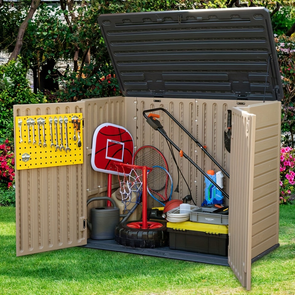 

Homiflex Outdoor Storage Shed Resin Garden Mower Lockable Brown Shed Is Suitable For Backyard