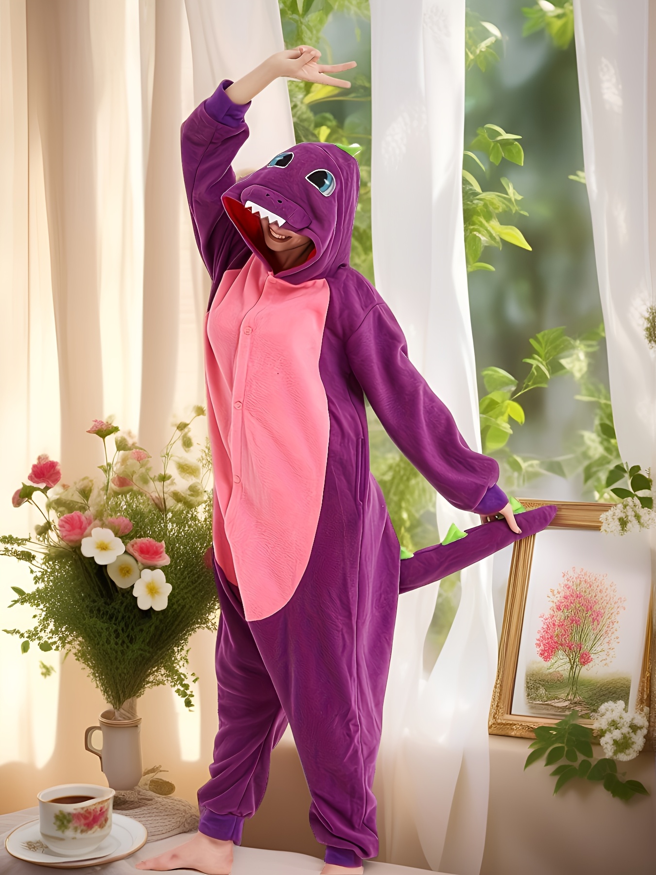 Cartoon Dinosaur Pajama Jumpsuit For Music Festival Cute Long Sleeve Buttons Hooded Costumes Pajamas Women s Lingerie Sleepwear