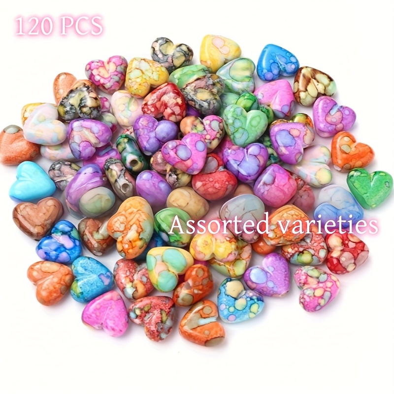 TEMU 120pcs Random Color Vibrant Heart-shaped Acrylic Beads - Colorful Painting, 16mm Loose Spacer Beads For Jewelry Making, Diy Earrings, Keychain,