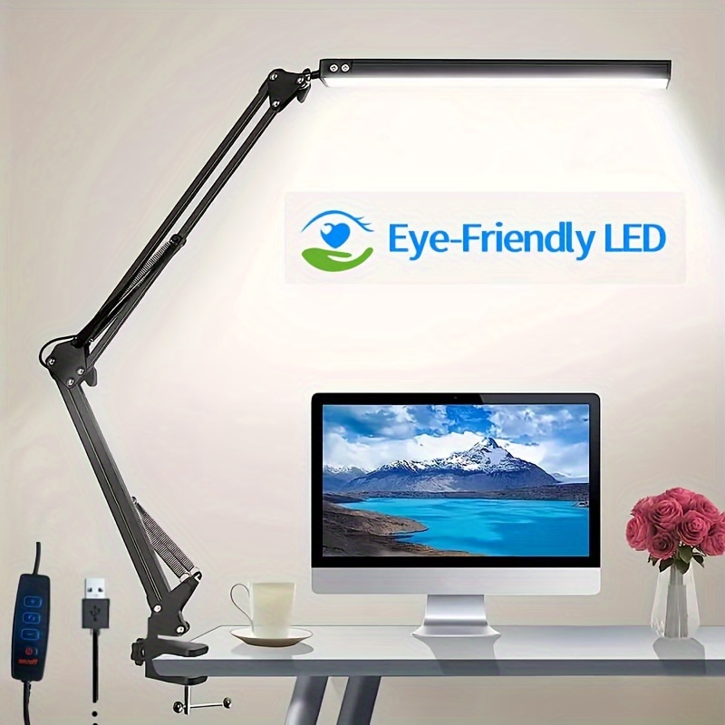 

Led Desk Lamp With Swing Arm - 3 Color , Adjustable Brightness (10 Levels), Clamp Design For Dorms, & Reading Rooms