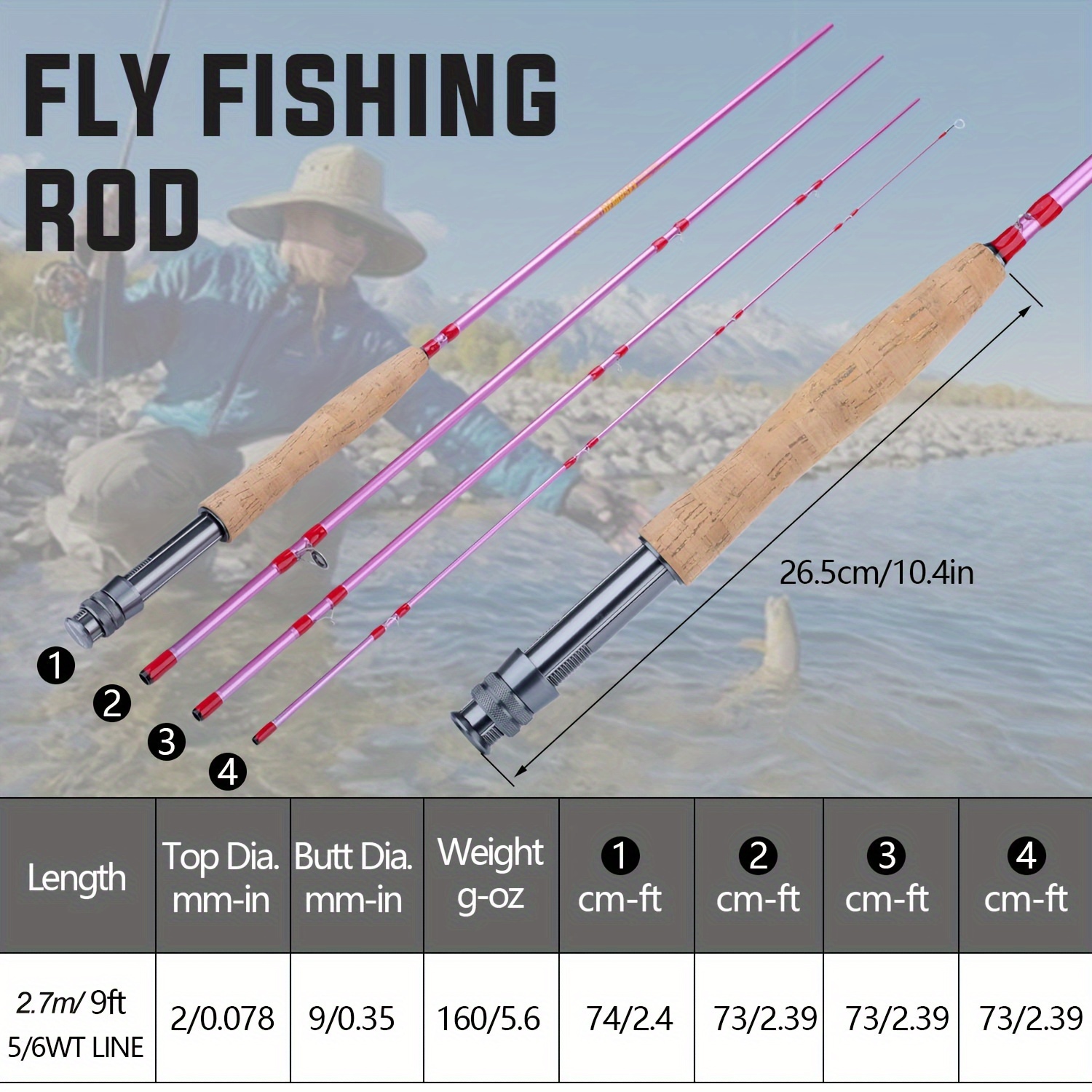 4pcs fly fishing rod 9 feet in pink green black - Temu