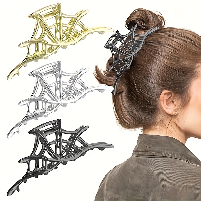 

New 2024 Spider Web Hair Claw Clips For Women: Metal Barrette, Large, Black, Silver, Golden, Y2k, Punk Style, Suitable For Ages 14 And Up