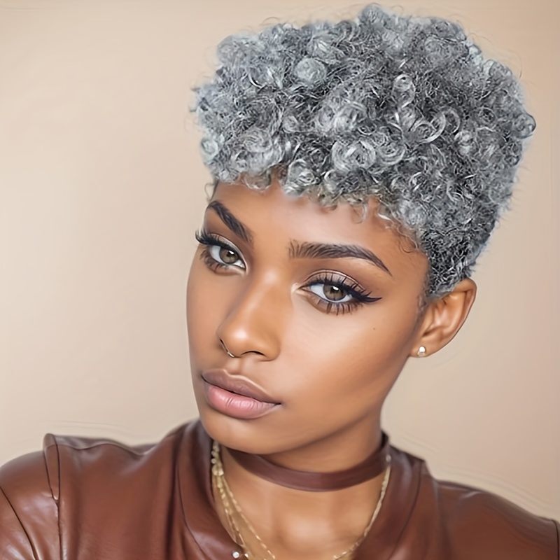 TEMU Hair Mixed Grey Wig Short Afro Curly Wigs For Women Synthetic Wig With Bangs Short Cut Wig For Women Christmas Party, Music Festival
